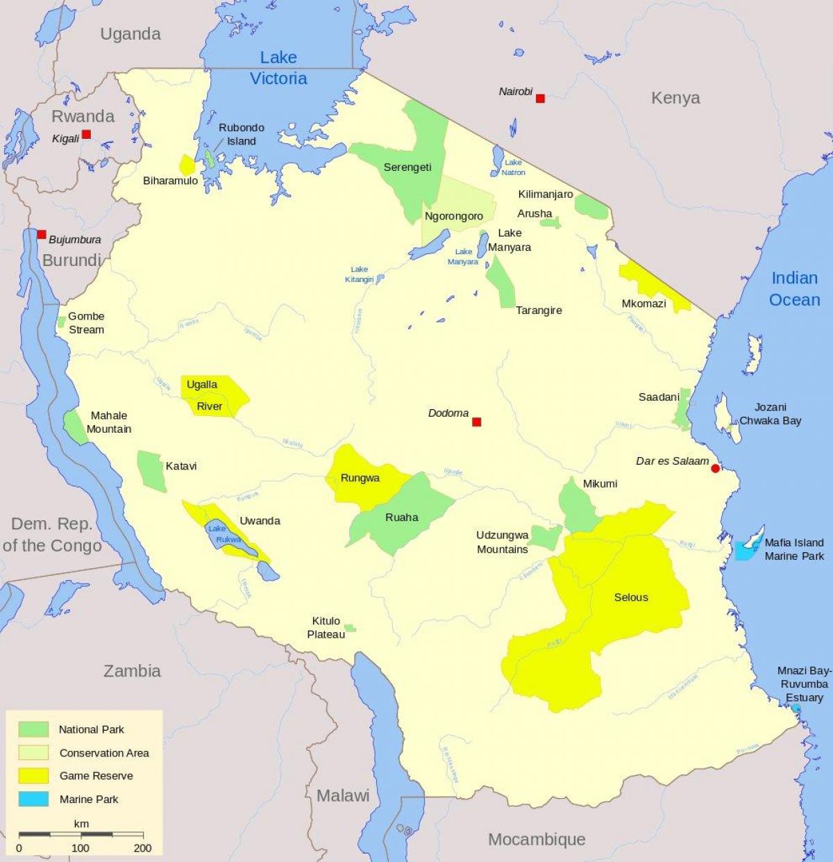 kort af tanzanias nationalparker og vildtreservater