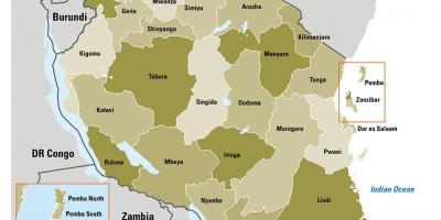 Kort over tanzania, der viser, regioner