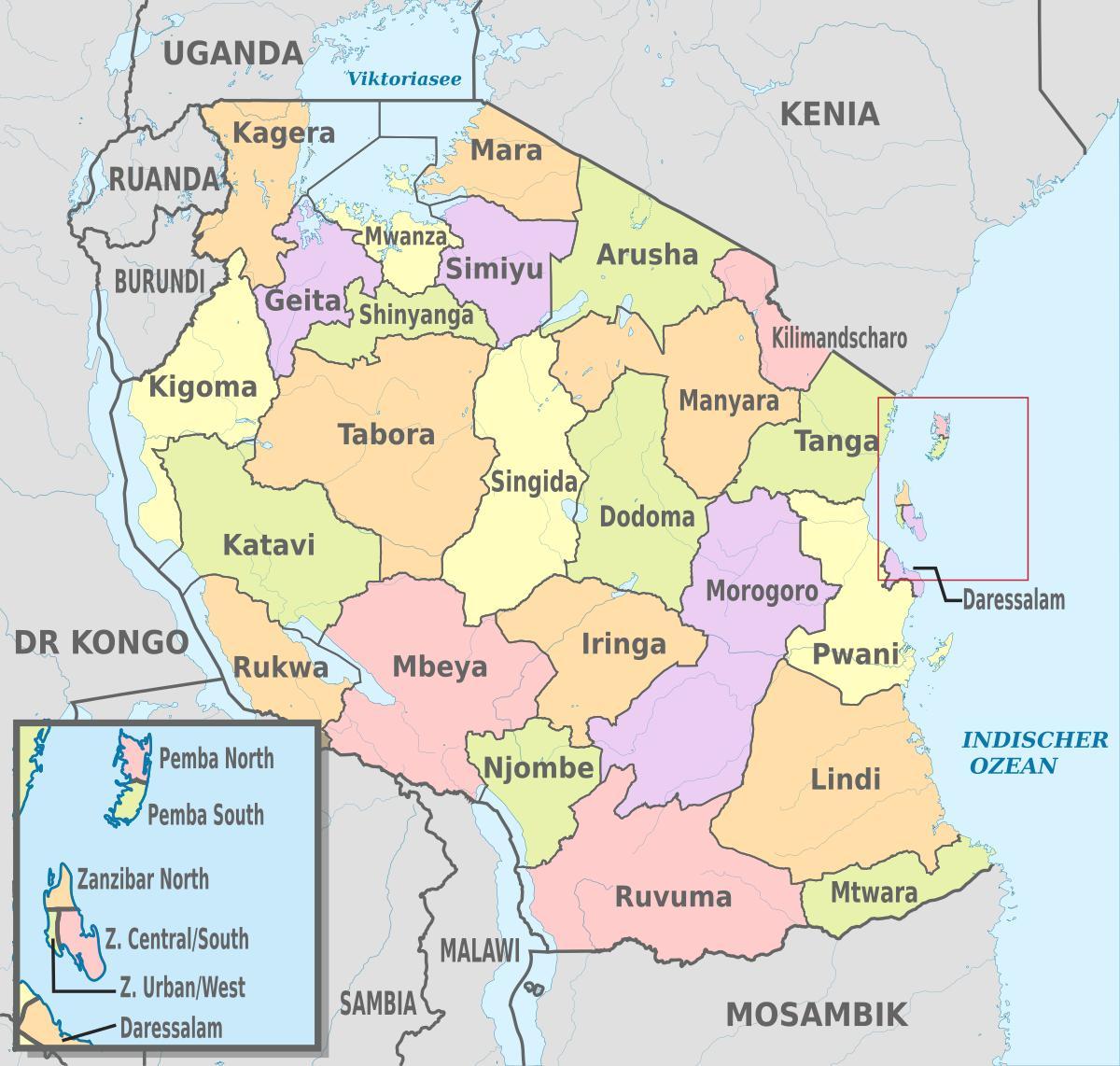 kort over tanzania, der viser, regioner og distrikter