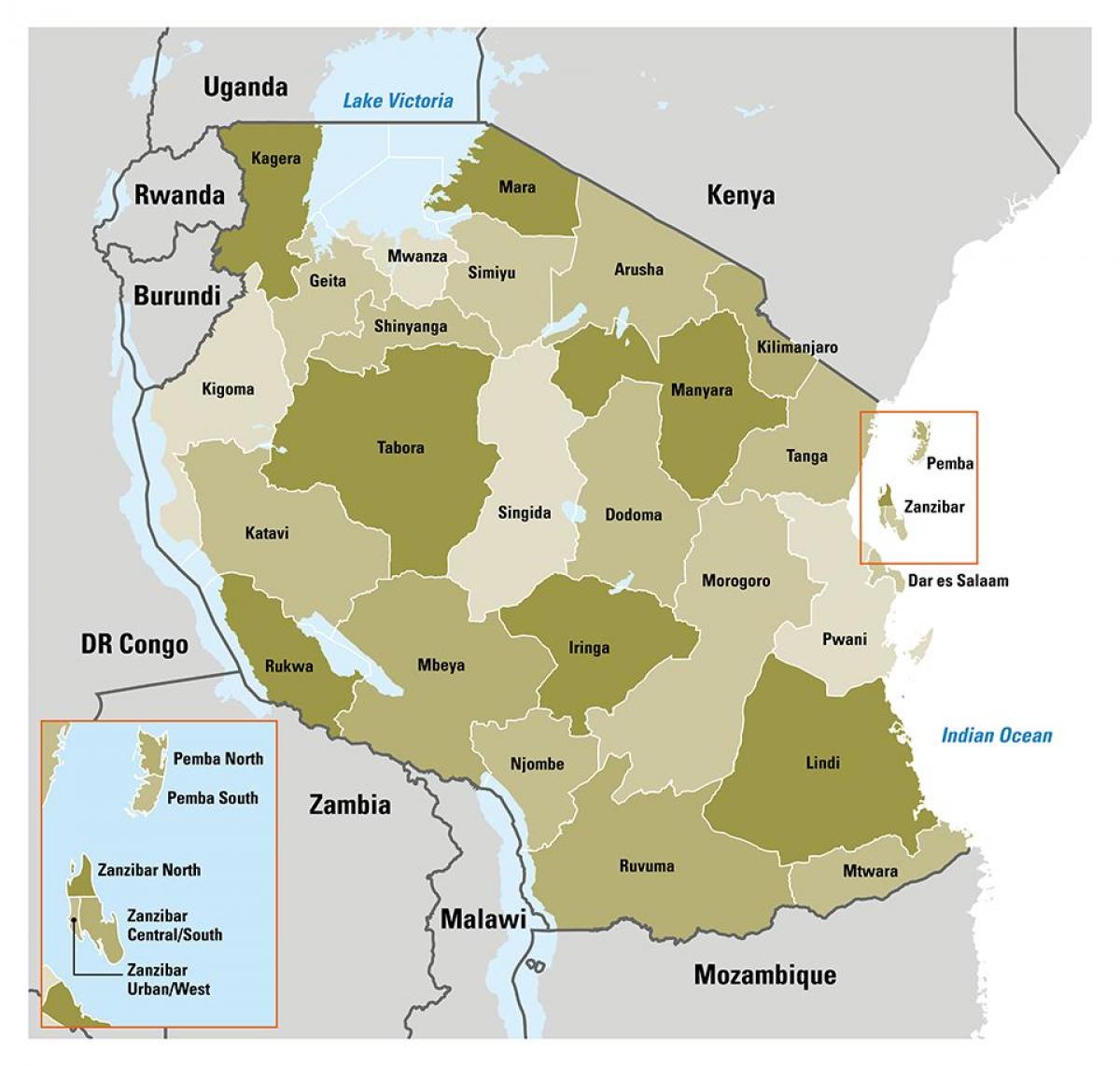 kort over tanzania, der viser, regioner