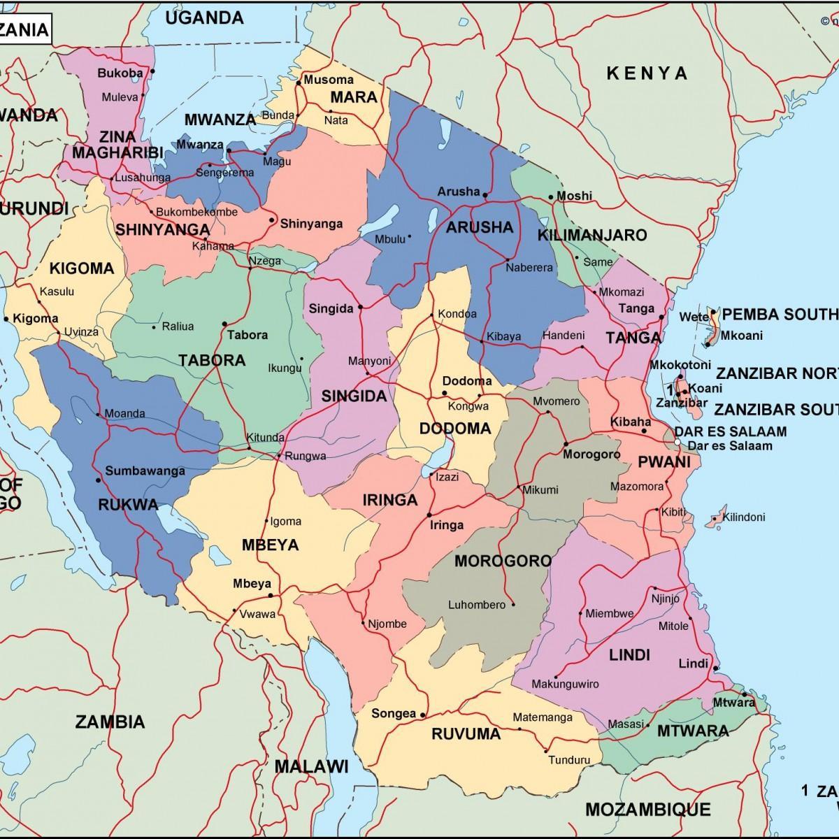 Kort over tanzania politiske