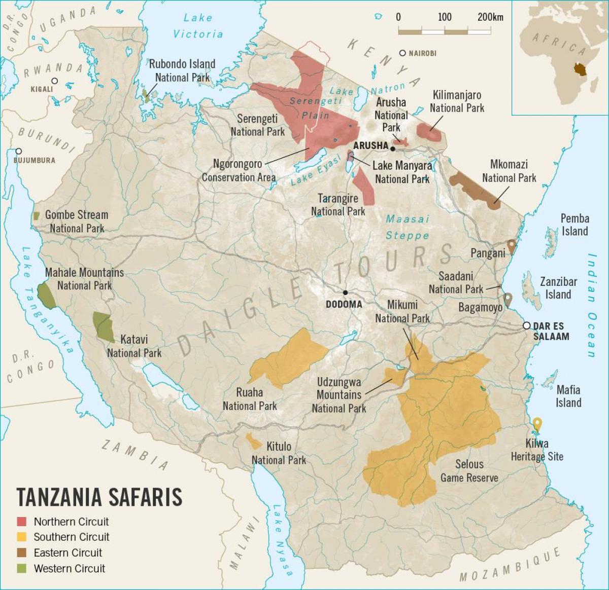 Kort over tanzania safari 