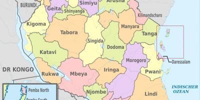Kort over tanzania, der viser, regioner og distrikter